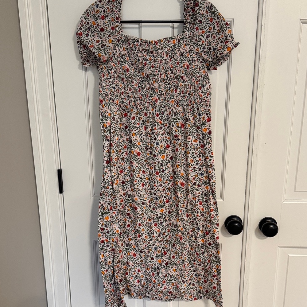 Ann Taylor Factory Cream Floral Midi Dress with Red & Yellow Accents